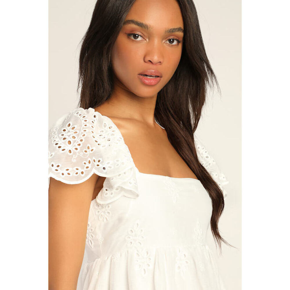 Lulus Parisian Perfection White Embroidered Flutter Sleeve Mini Dress - Size M - Picture 2 of 6